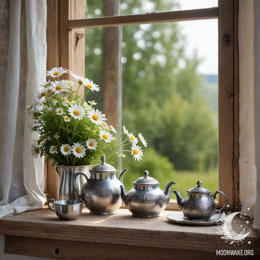 A rustic wooden window sill adorned with a metal teapot and daisies.