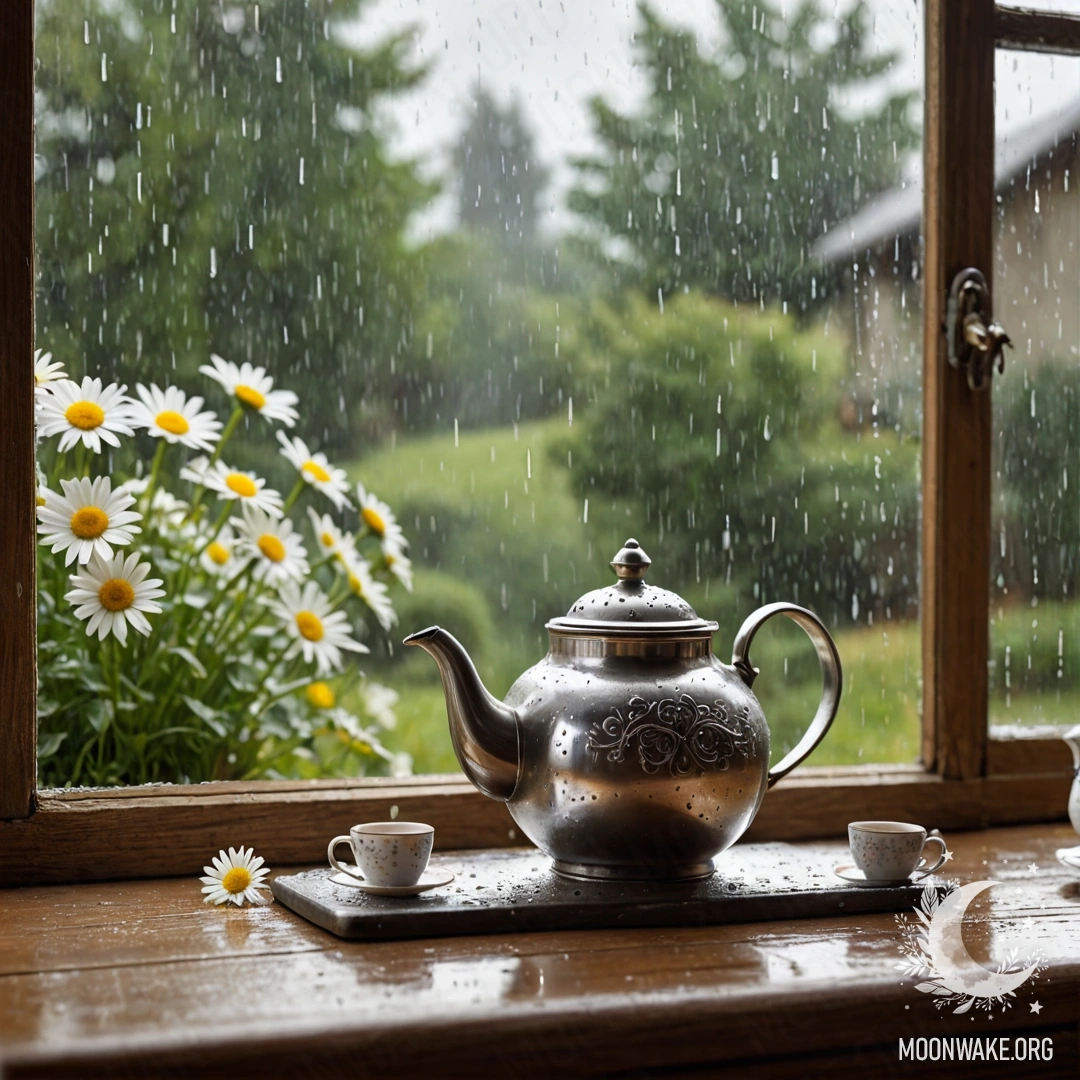 A metal teapot adorned with patterns, placed on a shabby wooden window sill with daisies, under the rain.