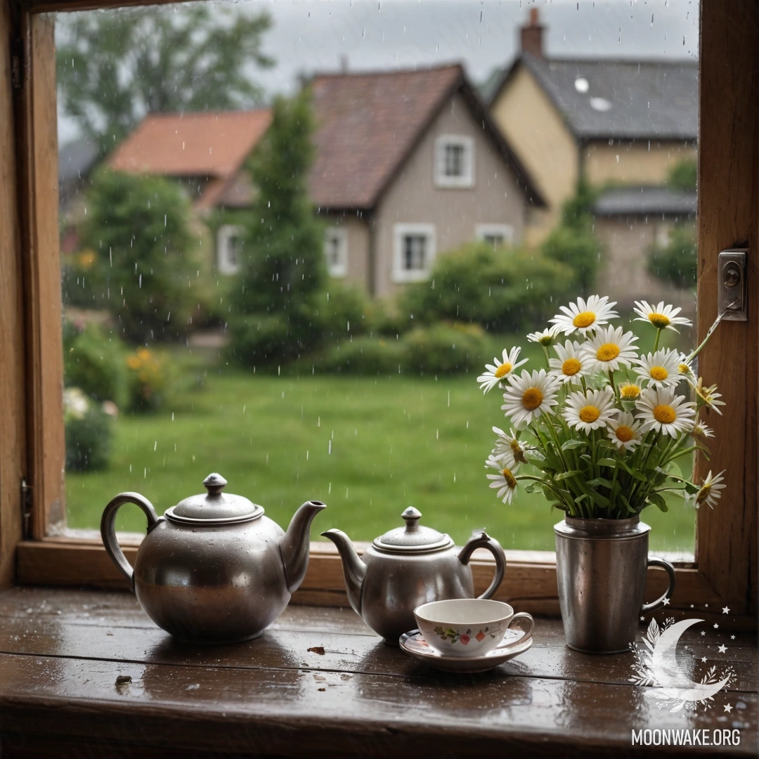 Charming Teapot on a Rainy Window Sill A photorealistic image of a metal teapot with patterns and daisies on a shabby wooden window sill, drenched in rain.