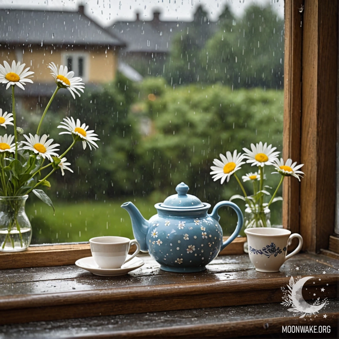 A metal teapot with intricate patterns sits on a wooden windowsill adorned with daisies, while rain falls gently outside.