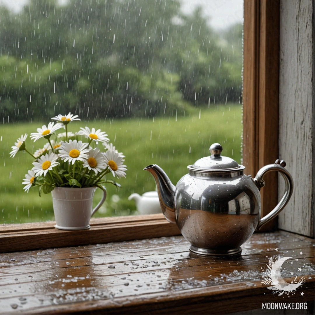 A metal teapot with patterns sits on a shabby wooden windowsill with daisies under the rain.