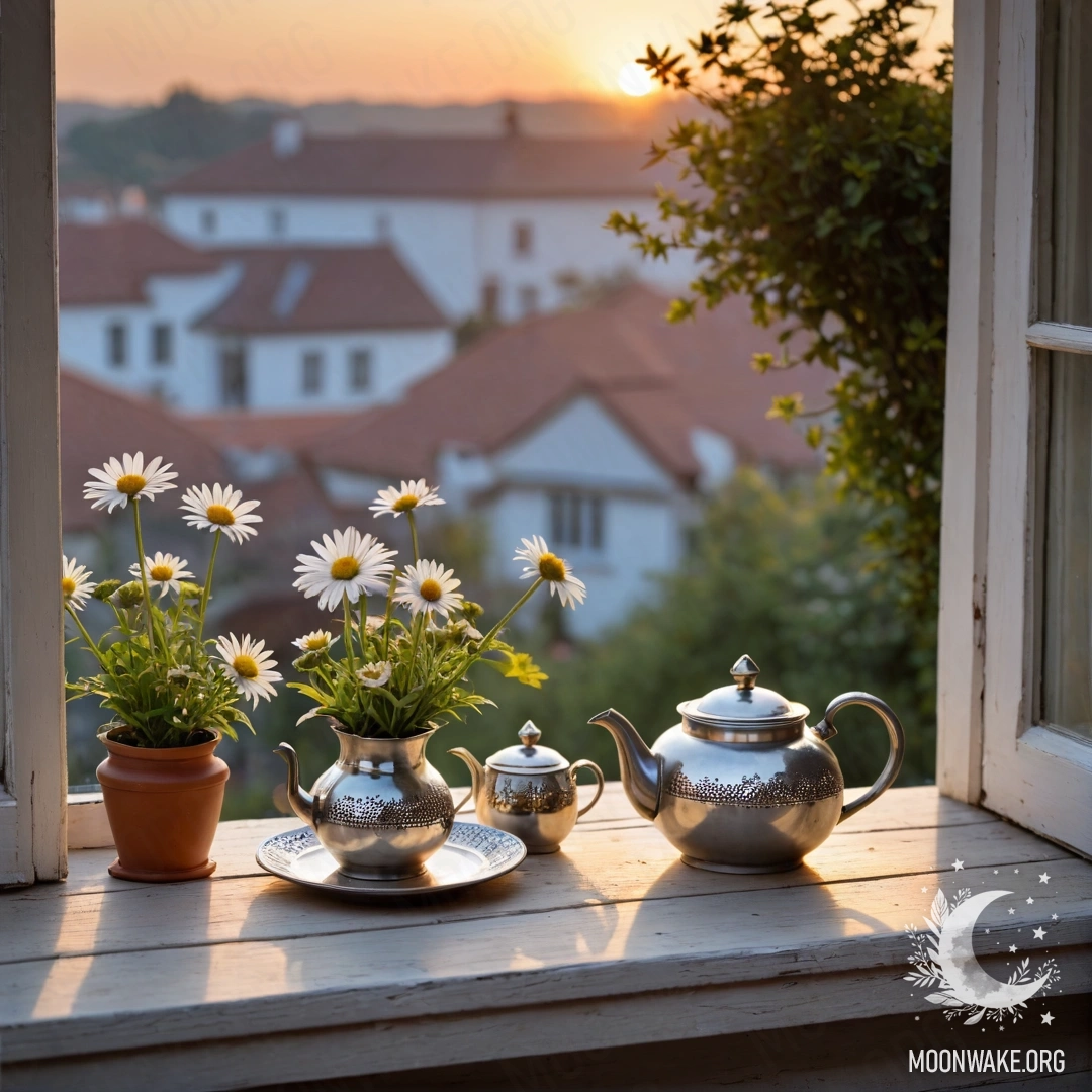 A metal teapot with patterns sits on a shabby wooden windowsill adorned with daisies, immersed in the warm hues of sunset.