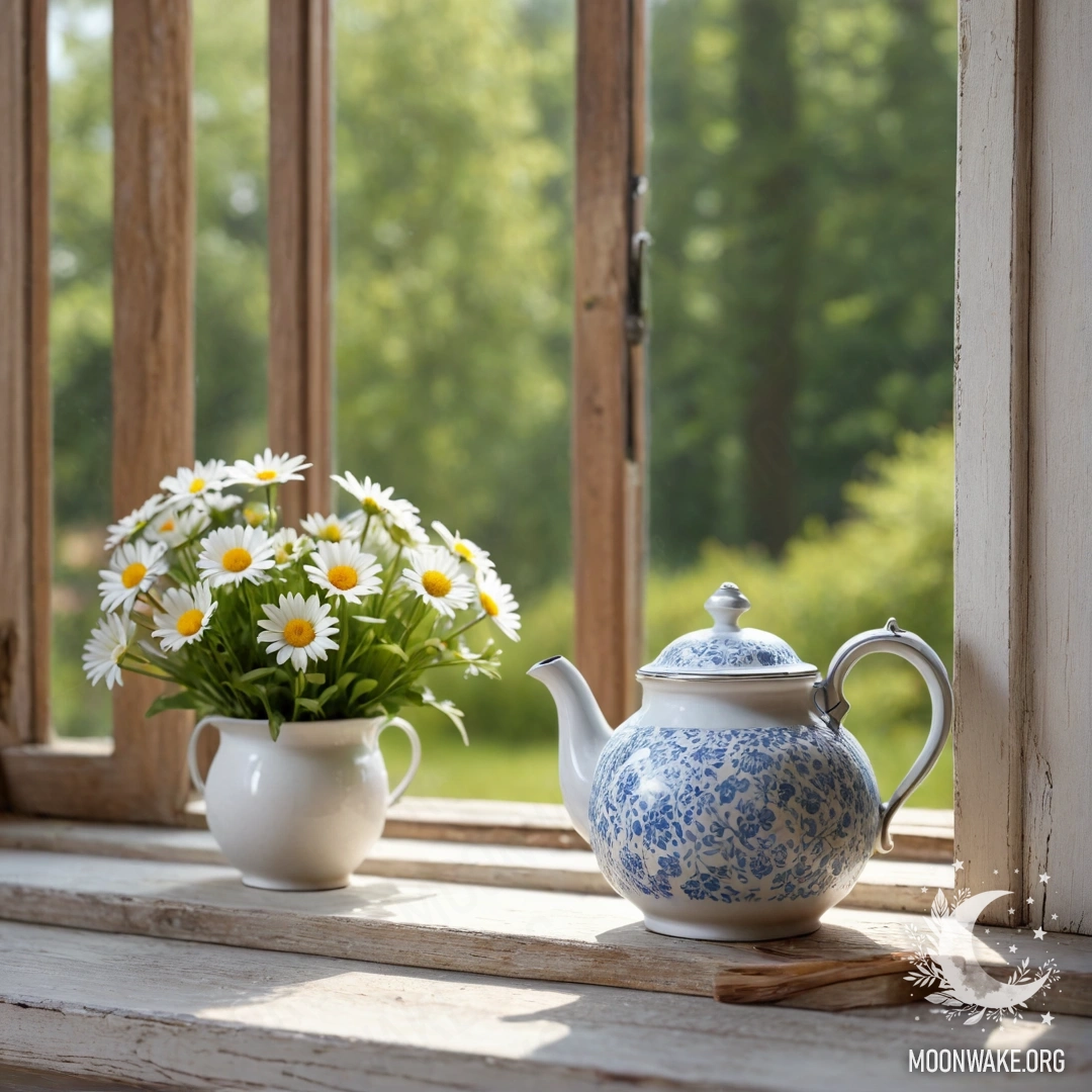 A metal teapot with patterns and daisies placed on a shabby wooden windowsill.