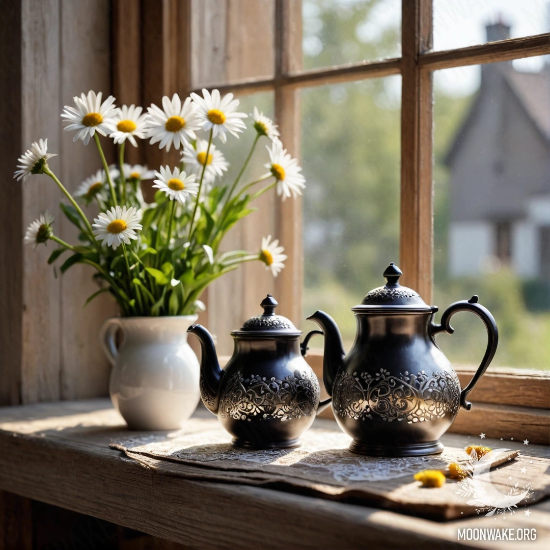 A close-up of a metal teapot adorned with patterns, resting on a shabby wooden window sill, with daisies beside it.