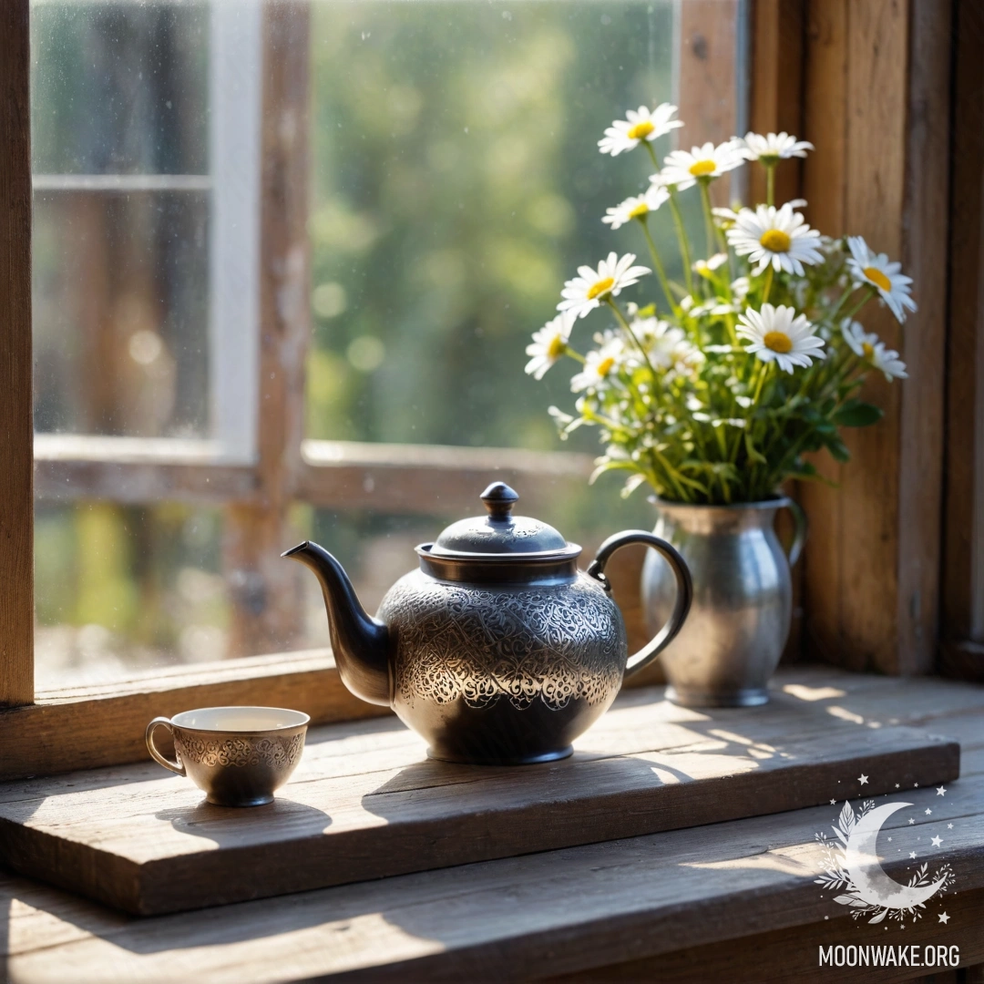 A metal teapot with patterns and daisies sitting on a shabby wooden window sill.