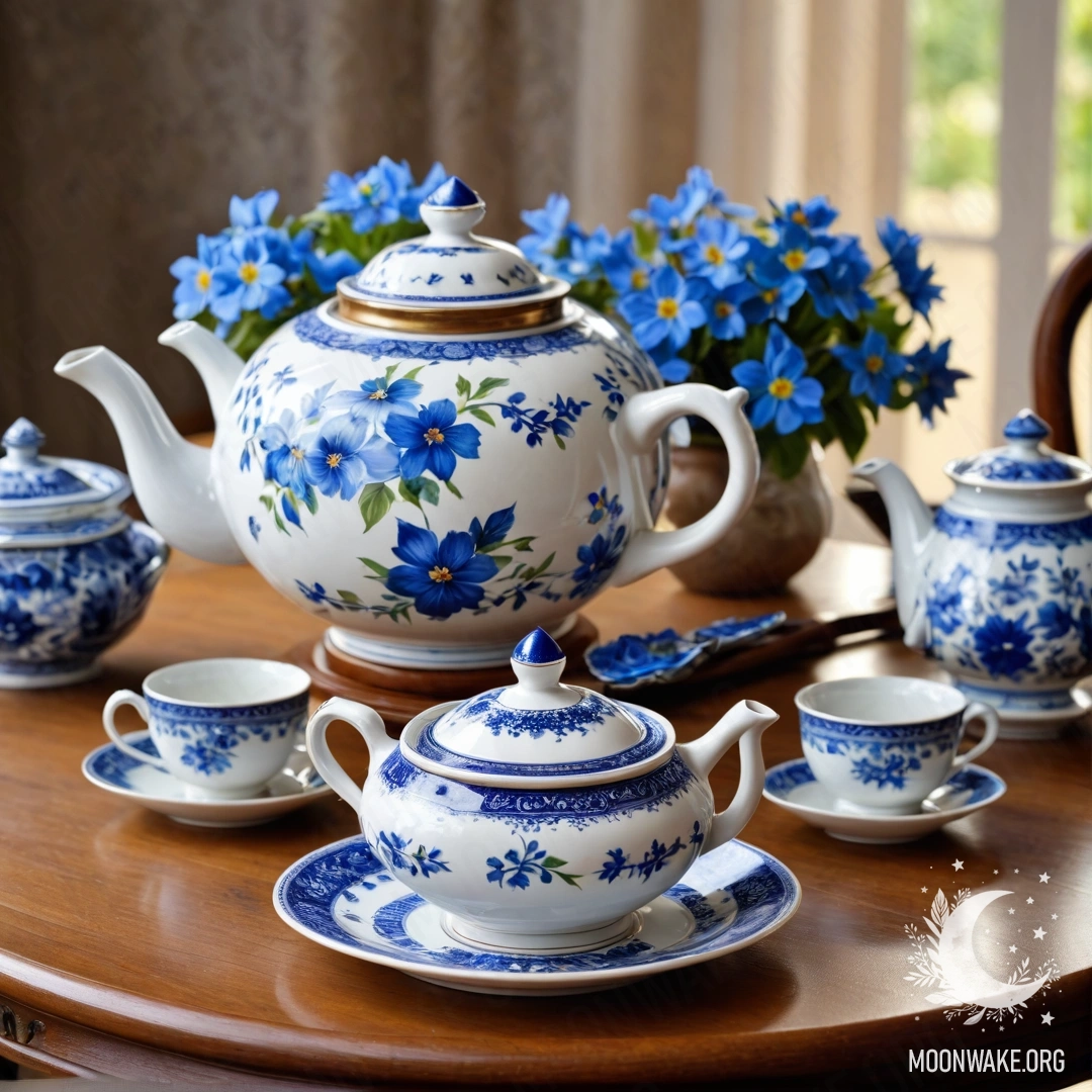 A photorealistic image of a shabby wooden window sill with a metal teapot adorned with patterns and daisies, illuminated by garland lights.