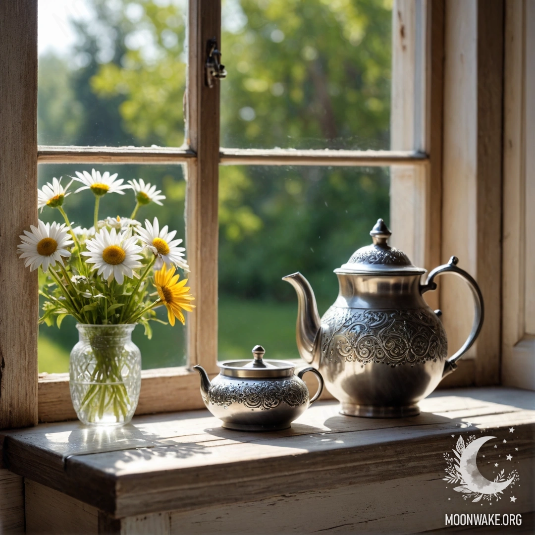 A wooden window sill with a metal teapot adorned with patterns and daisies, illuminated by sun rays.