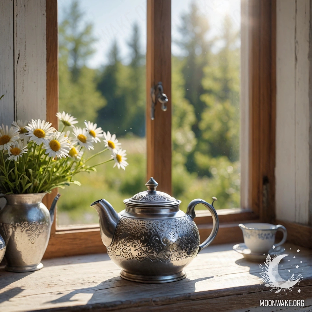 A beautiful metal teapot with patterns, resting on a shabby wooden windowsill with daisies and sun rays illuminating it.
