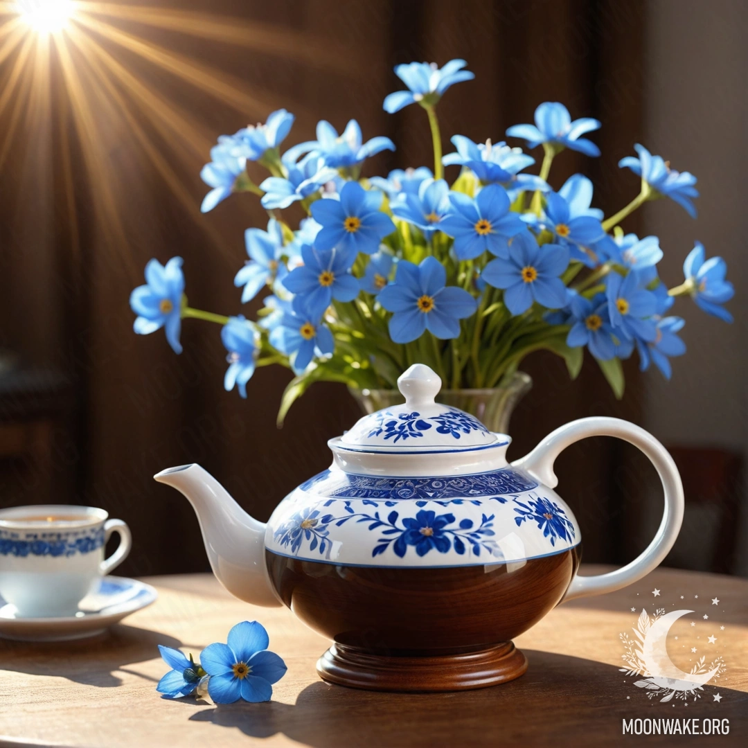 A round wooden table featuring a porcelain teapot with blue flowers inside, illuminated by gentle sun rays.