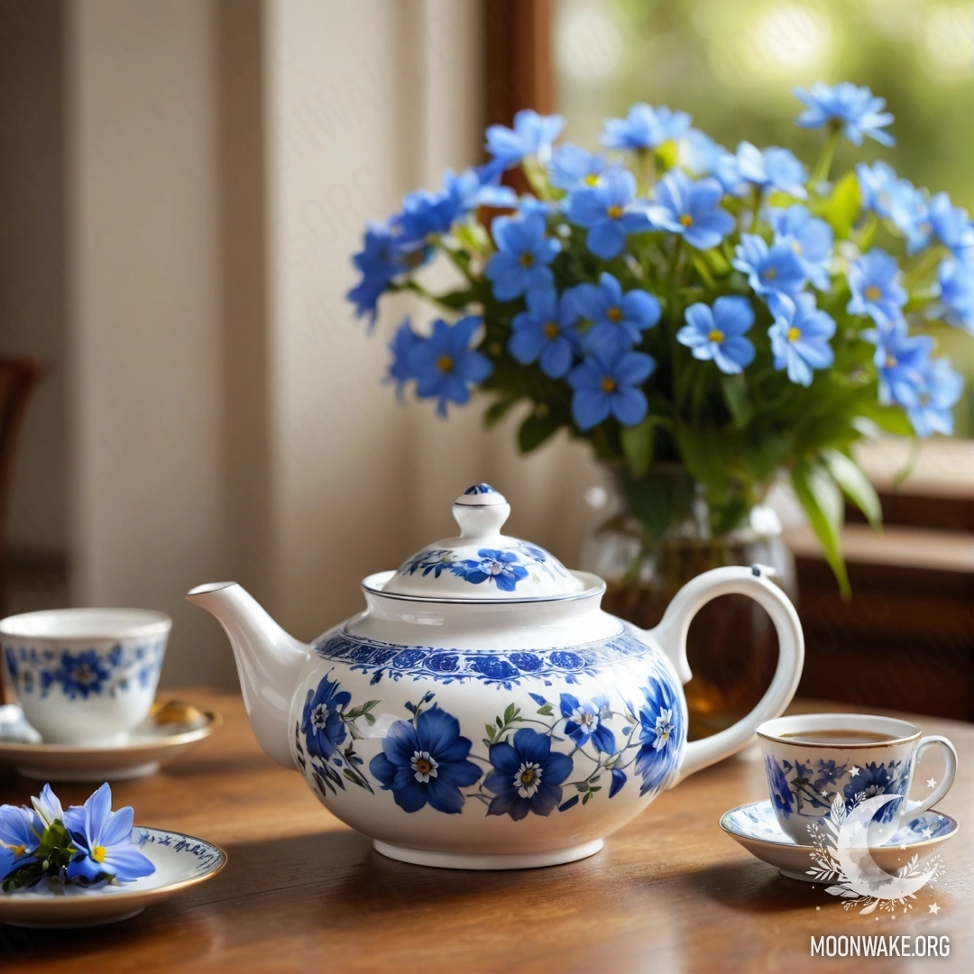 A round wooden table with a porcelain teapot containing blue flowers.