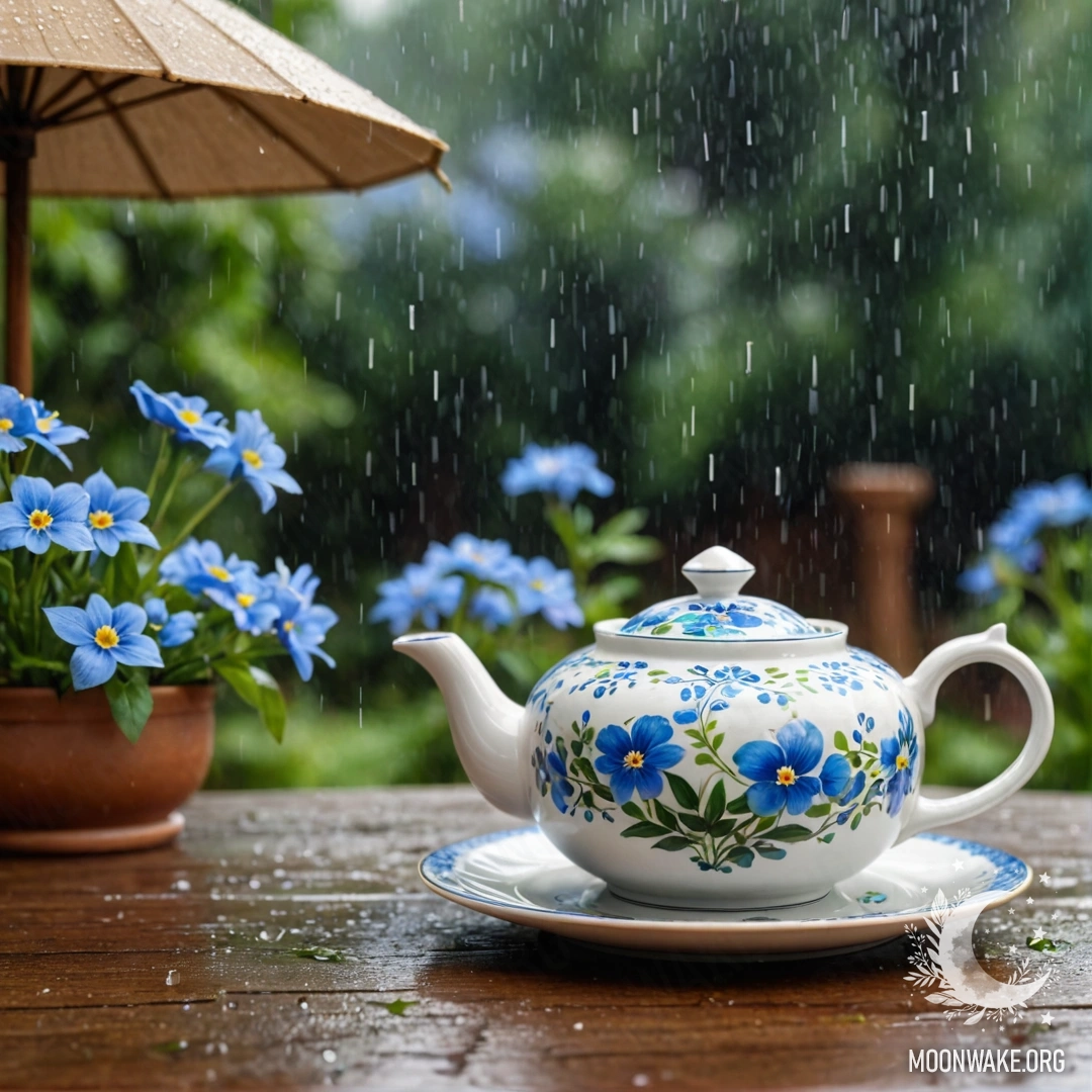 A round wooden table featuring a porcelain teapot filled with blue flowers under the rain.