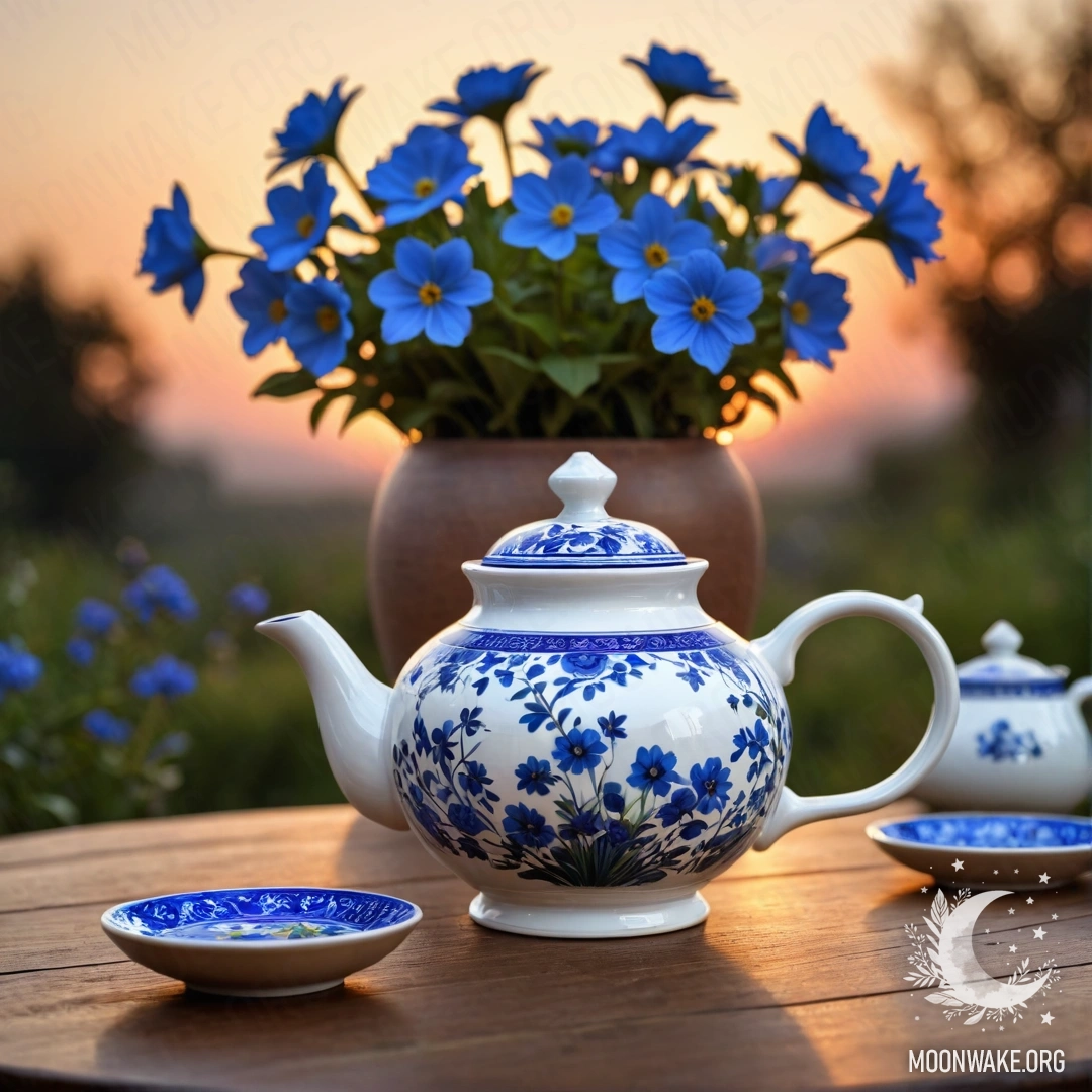 A round wooden table topped with a porcelain teapot adorned with blue flowers under a sunset.