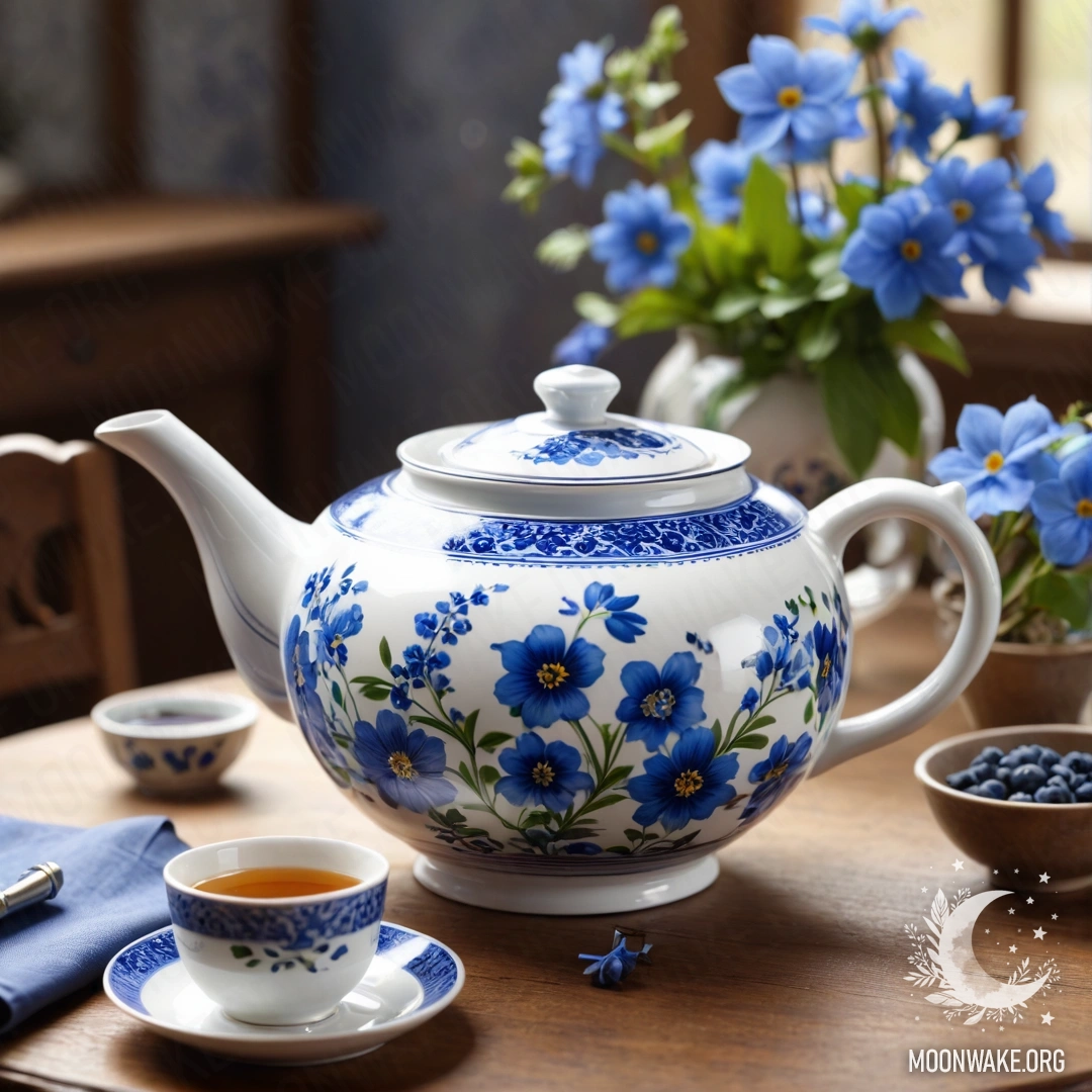 Charming Teapot with Blue Flowers A photorealistic image of a round wooden table with a porcelain teapot filled with blue flowers.