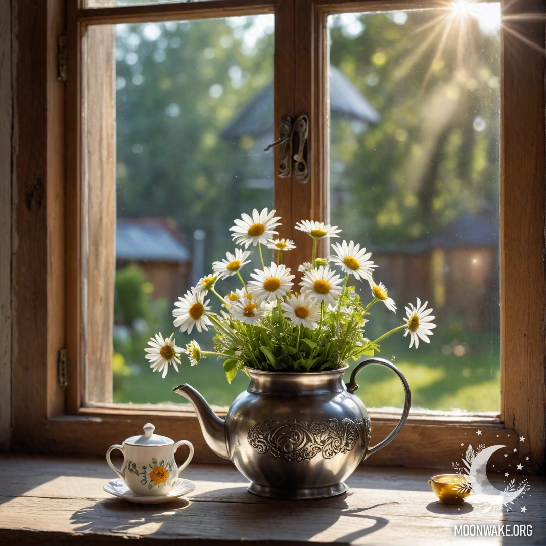 A shabby wooden windowsill adorned with a metal teapot filled with daisies and illuminated by garland lights.