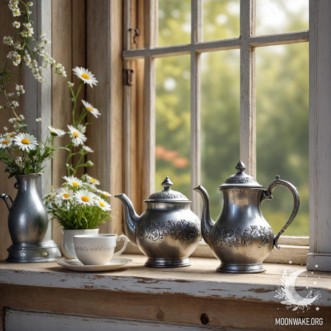 A metal teapot adorned with patterns, sitting on a shabby wooden window sill, filled with daisies and glowing fairy lights.