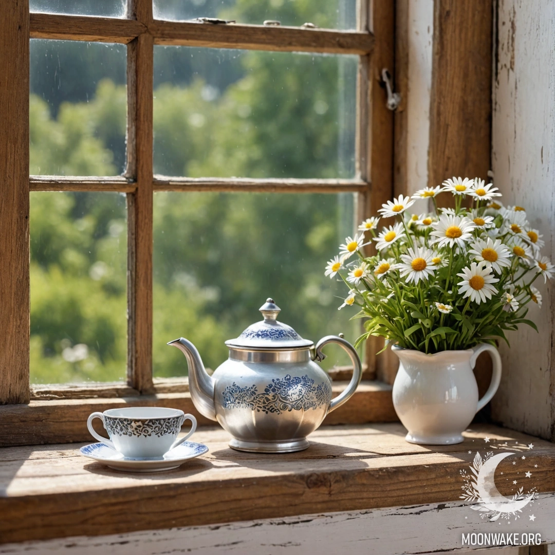 A delicate metal teapot with patterns and daisies, placed on a shabby wooden window sill.