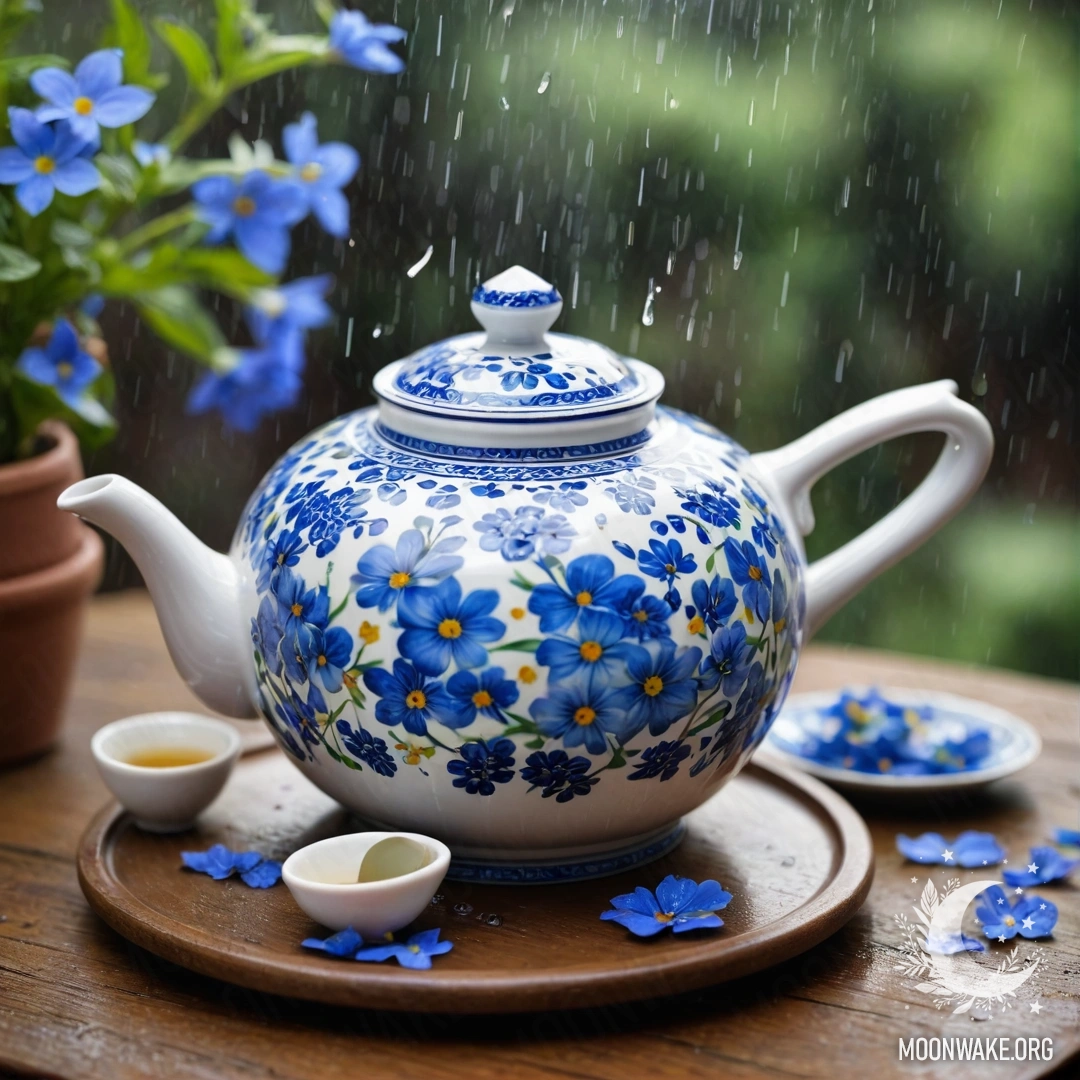 A quaint metal teapot adorned with patterns, sitting on a wooden window sill with daisies in it.