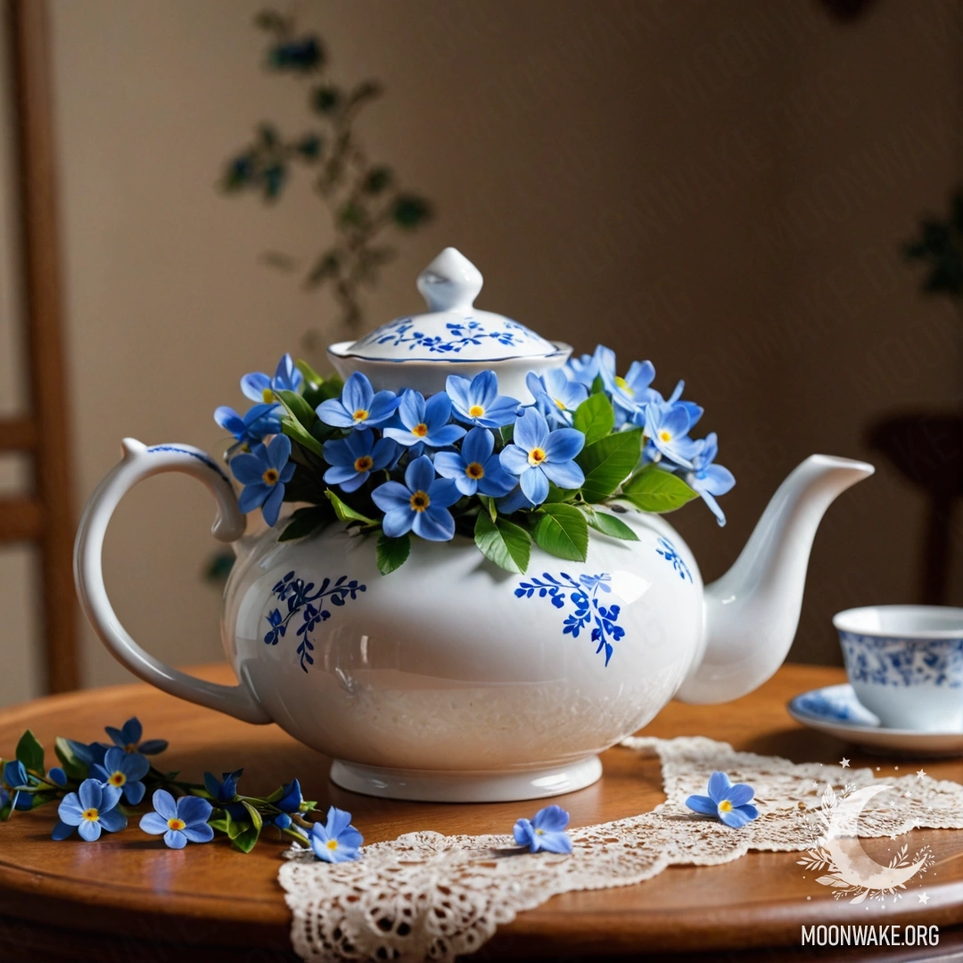 A round wooden table with a porcelain teapot featuring blue flowers and garland lights on it.