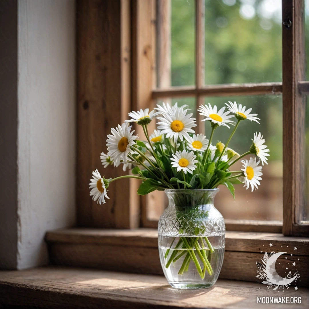 A glass vase filled with daisies placed on a vintage wooden windowsill.