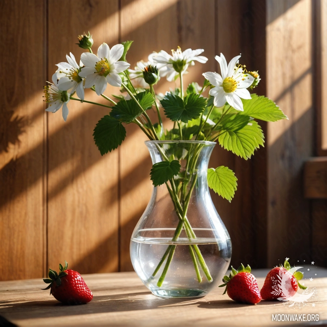 Charming Vase with Flowers and Strawberries A glass vase filled with branches of strawberries and flowers on a wooden background.