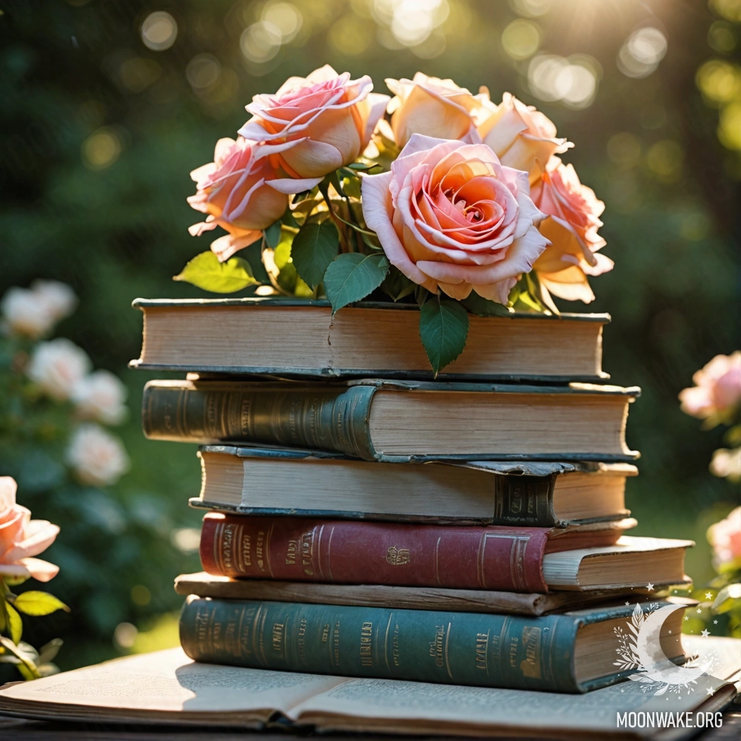 A stack of vintage books lies in a garden with a bouquet of roses on top.