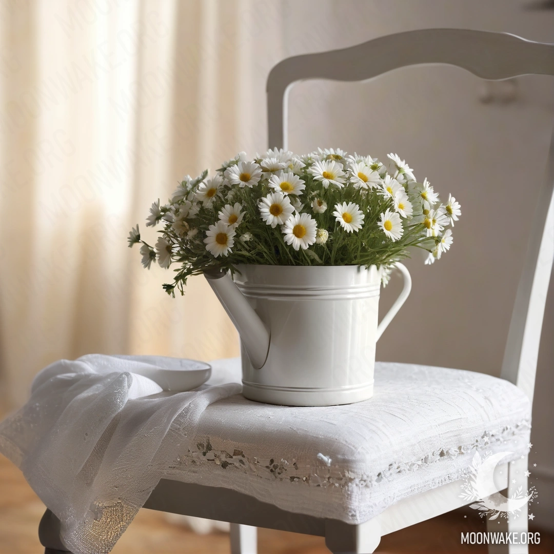 A close-up of a vintage chair adorned with a white fabric and a coffee cup, alongside a milk bucket filled with daisies and fairy lights.