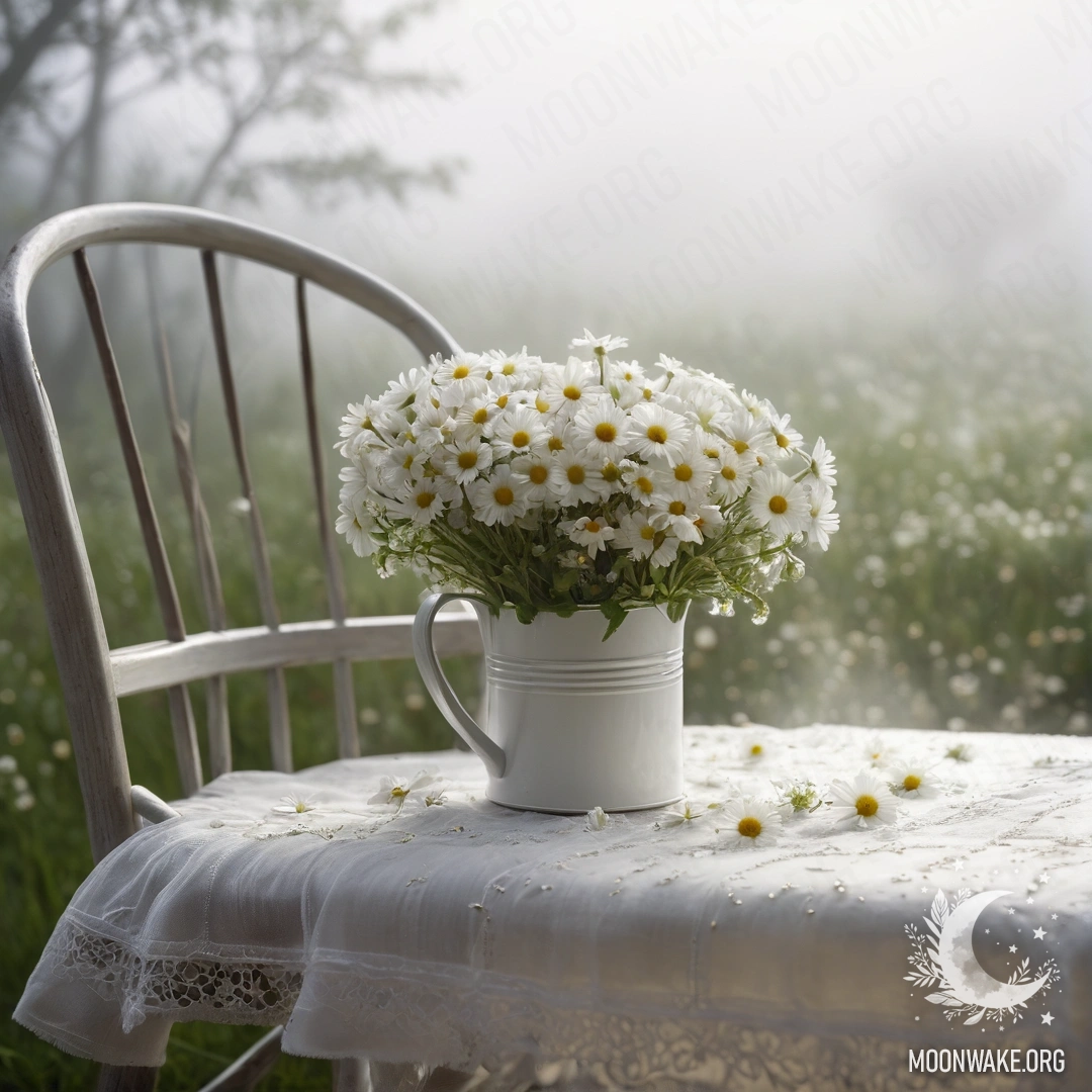 A close-up of a shabby vintage chair draped in white fabric, accompanied by a cup of coffee and a milk bucket filled with daisies in a dense fog.