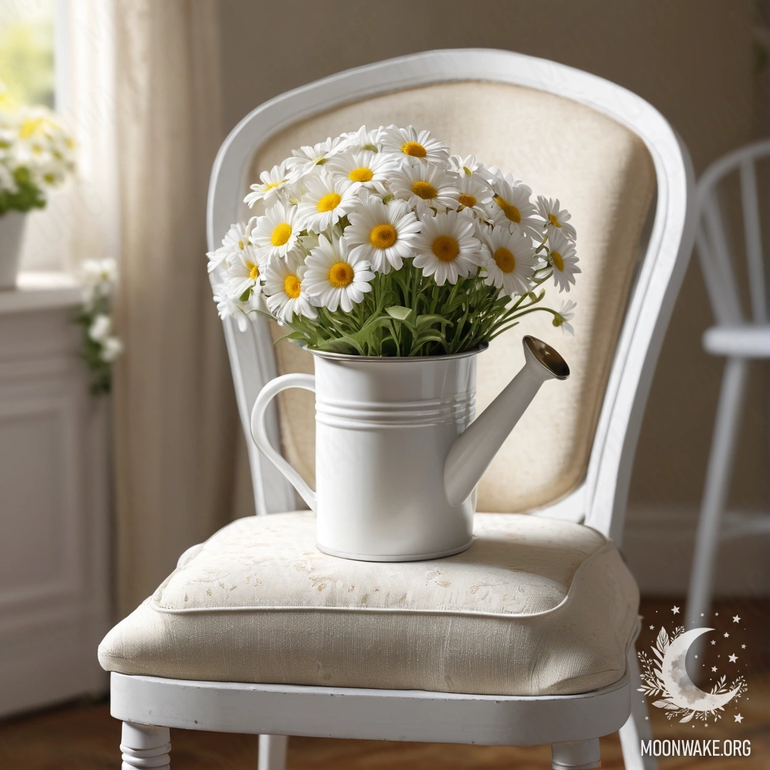 Charming Vintage Chair with Daisies A close-up of a shabby vintage chair adorned with white fabric, a cup of coffee, and a milk bucket with daisies, illuminated by sunlight.