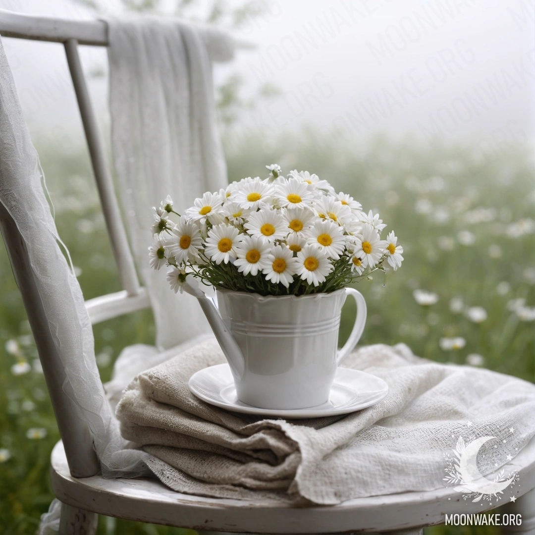 A close-up of a vintage chair with white fabric, a coffee cup and a milk bucket with daisies in a misty setting.