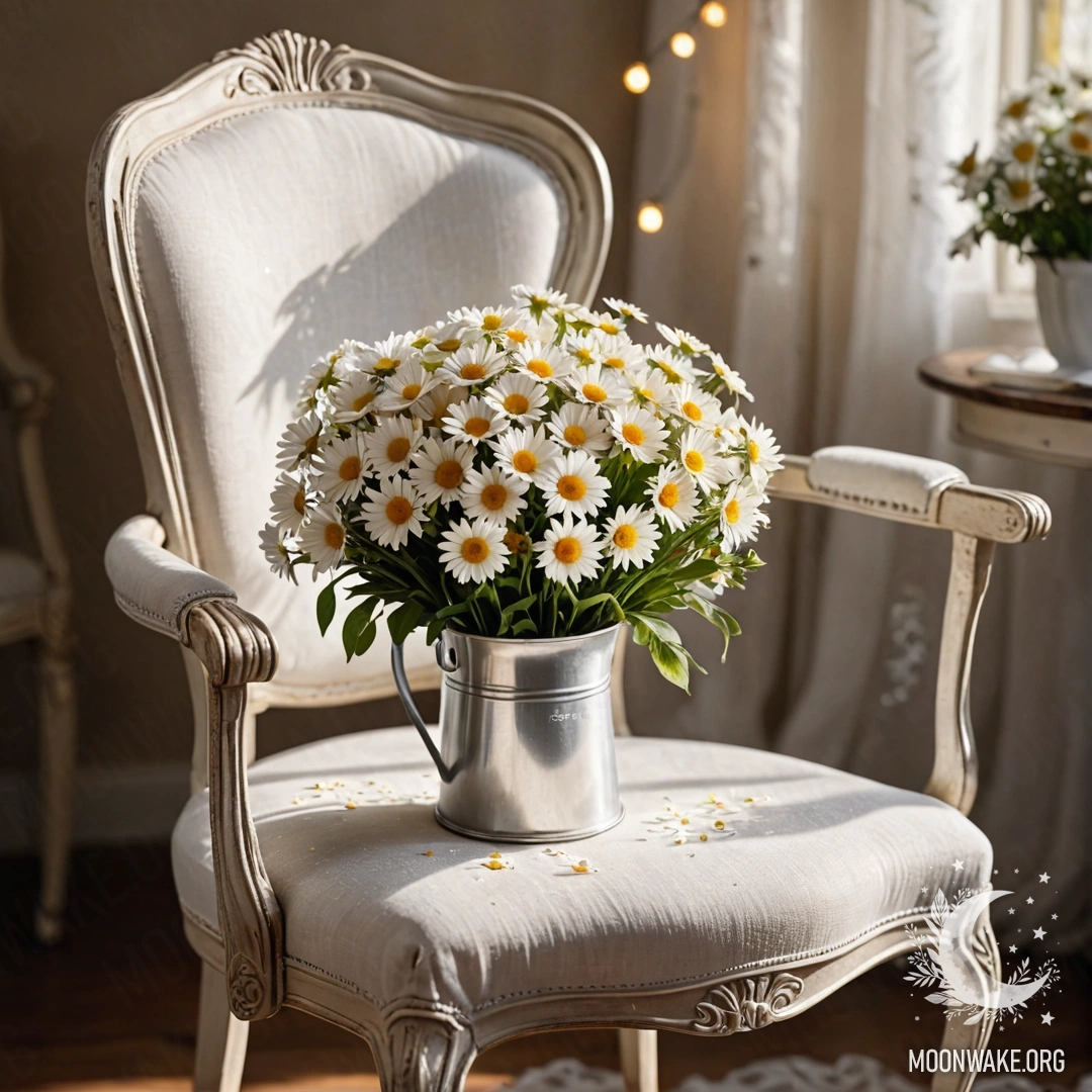 A close-up of a shabby vintage chair adorned with white fabric, a cup of coffee, and a milk bucket filled with daisies, surrounded by warm garland lights.