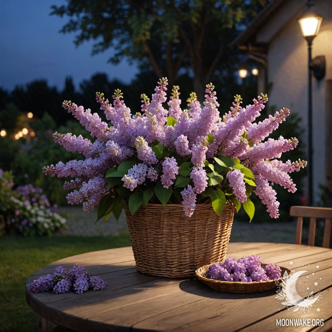 Photorealistic image of a vintage wooden table with a basket of lilacs in a nighttime garden.