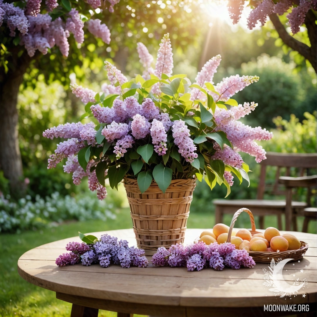 A vintage wooden table with a basket of lilacs in a garden, illuminated by garland lights.