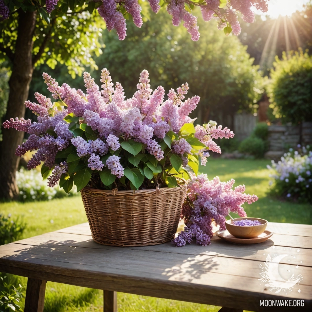 Charming Vintage Garden Table with Lilacs A vintage wooden table adorned with a basket of lilacs in a sunny garden.