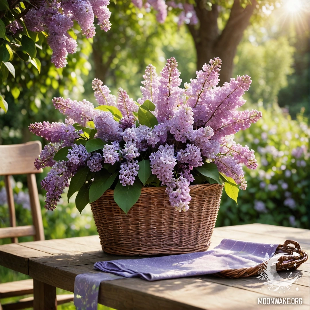 A vintage wooden table with a basket of lilacs in a garden.