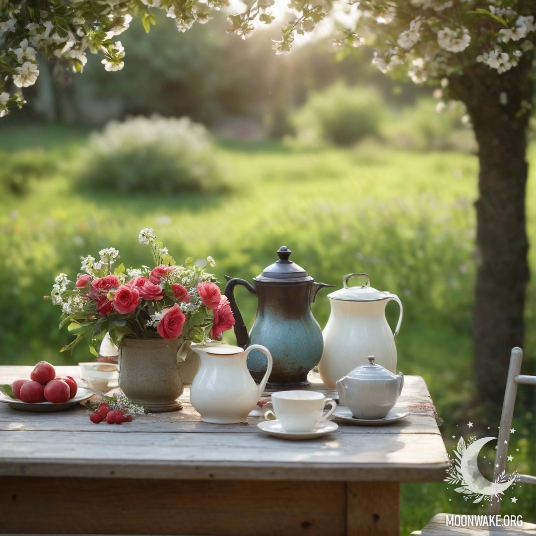 A vintage table set with cups and a teapot under a blossoming apple tree, surrounded by fruits and flowers.