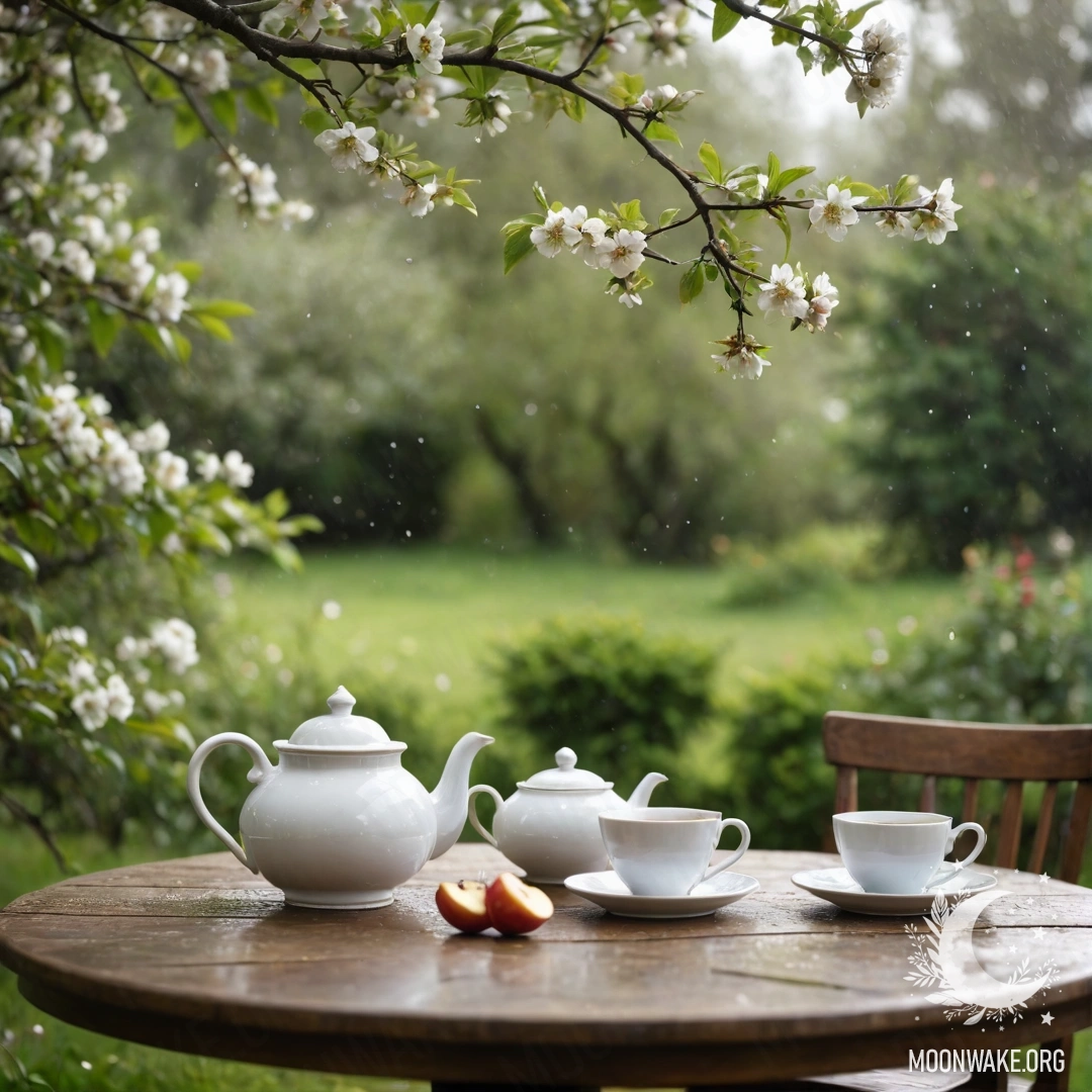 A shabby vintage table with cups, a teapot, berries, and flowers under the rain, placed under a blossoming apple tree.