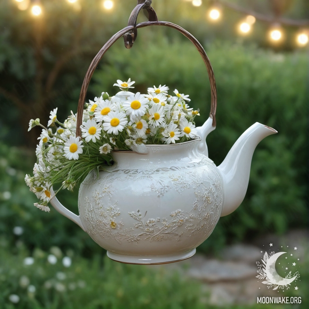 A vintage teapot hanging on a hook filled with daisies