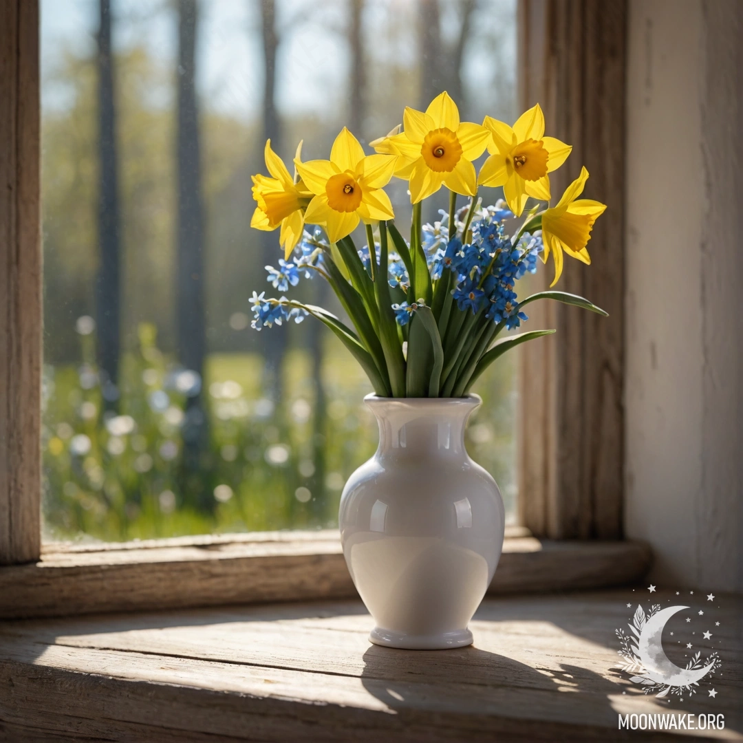 A shabby old wooden window sill adorned with a porcelain vase filled with daffodils and forget-me-nots, illuminated by warm sun rays.