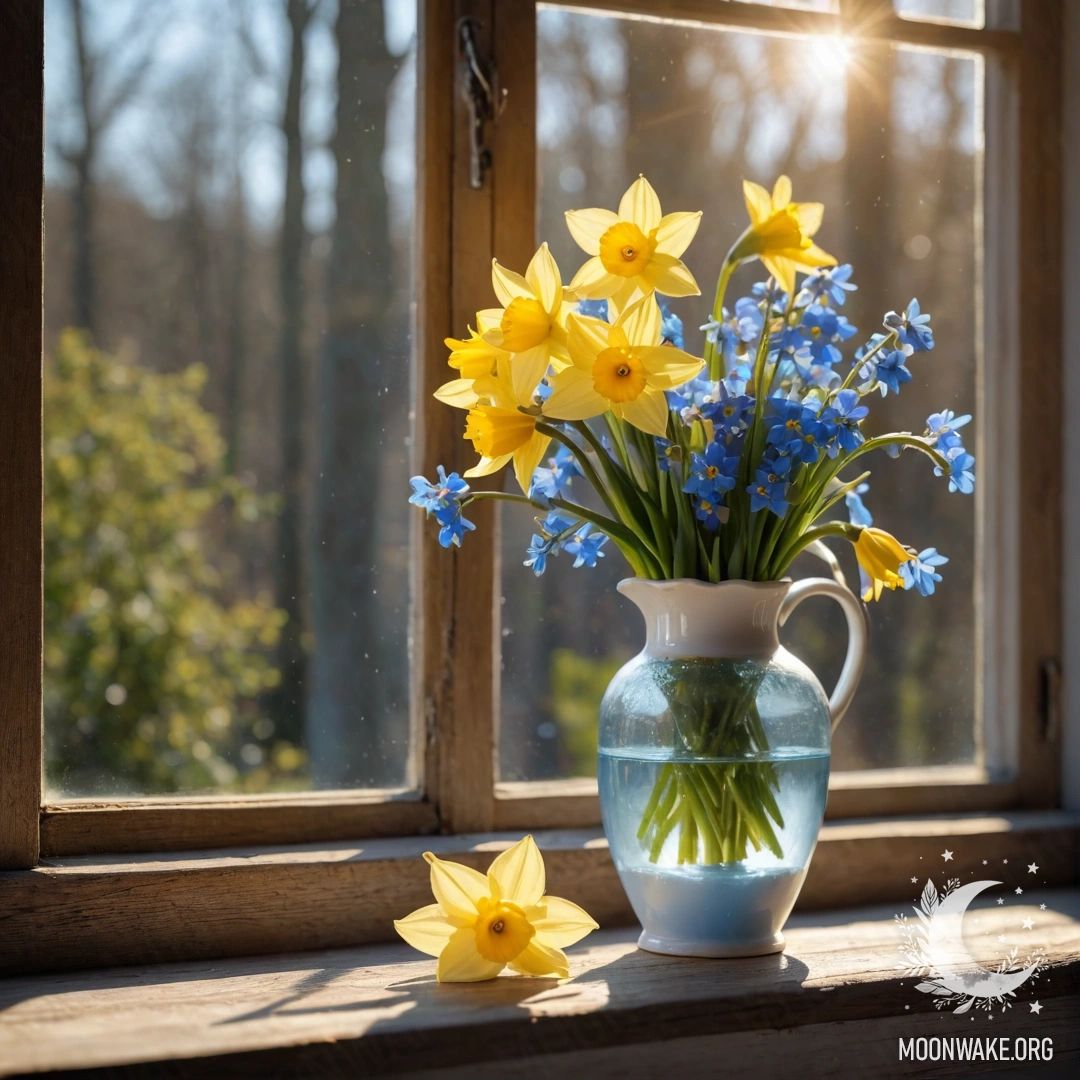 Old shabby wooden window sill with a white porcelain vase filled with daffodils and forget-me-nots, illuminated by sun rays.