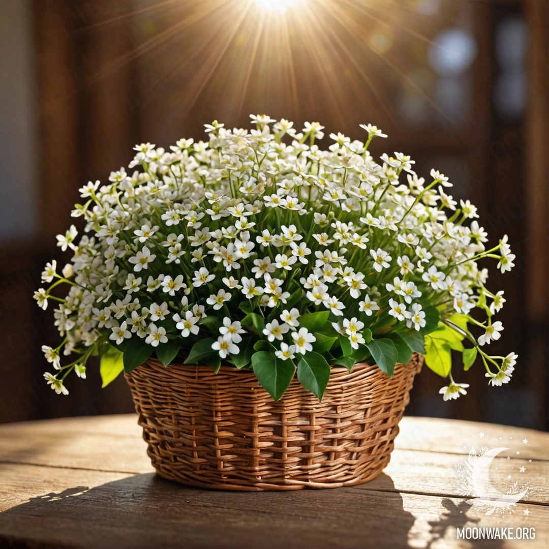 A basket filled with small white flowers illuminated by sunlight.