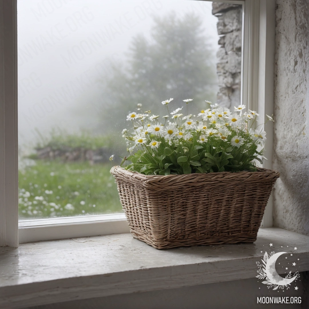 Charming White Stone Wall with Daisies A sweet white stone wall with an open window and a basket of daisies on the windowsill amidst dense fog.