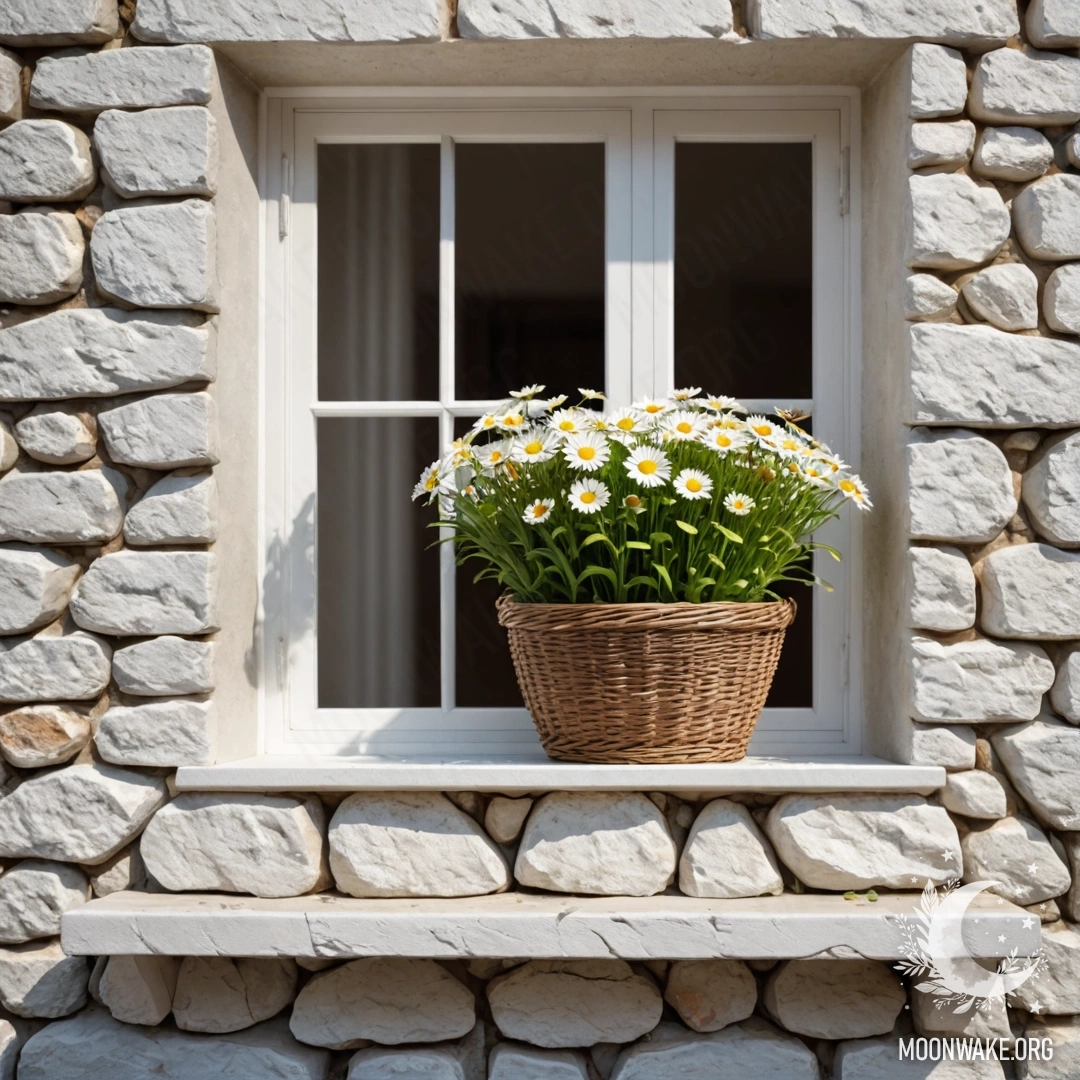 A open window on a white stone wall with a basket of daisies on the windowsill.