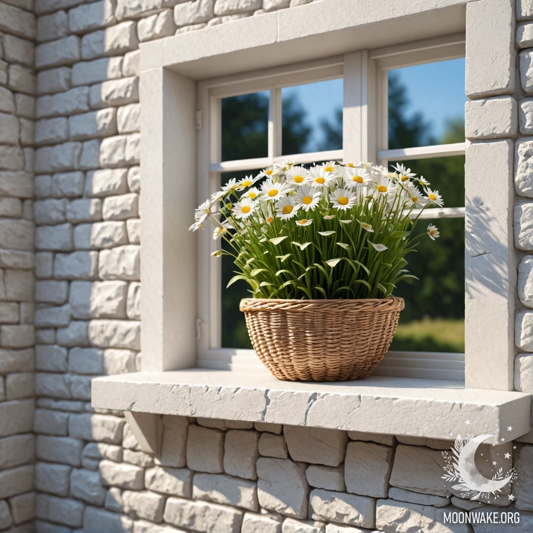 A sunny scene featuring a white stone wall, an open window, and a basket of daisies on the windowsill.