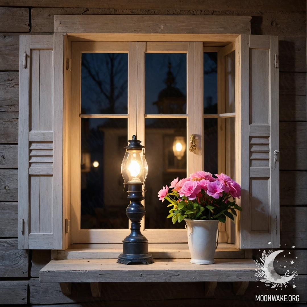 Charming Window at Night A shabby wooden window with shutters and a kerosene lamp hanging above it, adorned with a branch of pink flowers, illuminated at night.