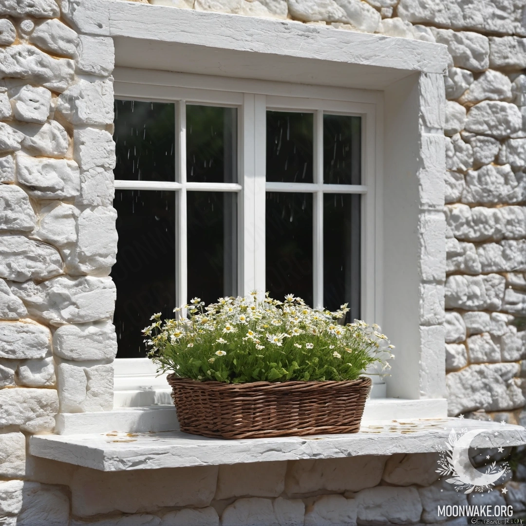 A beautiful white stone wall with an open window, a basket of daisies on the windowsill, and raindrops outside.