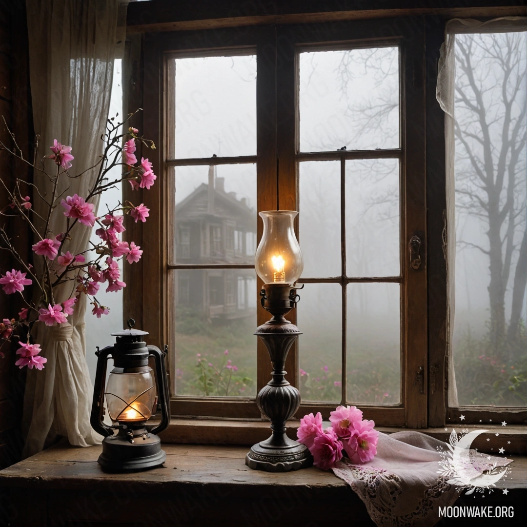 A shabby wooden window with shutters, a kerosene lamp above, and a pink flower branch in dense fog.