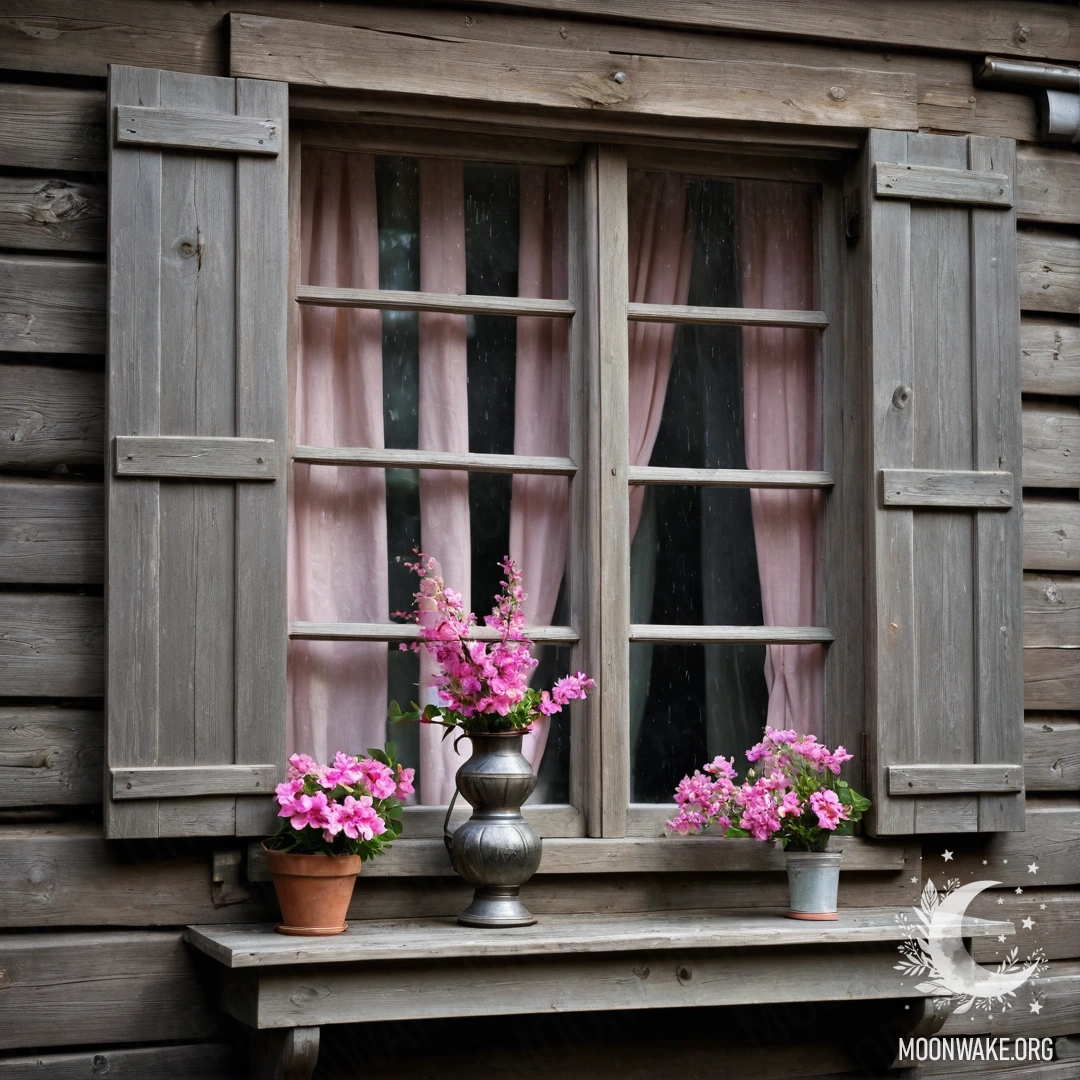 A rundown wooden window with shutters, adorned by pink flowers, under the rain with a kerosene lamp above.