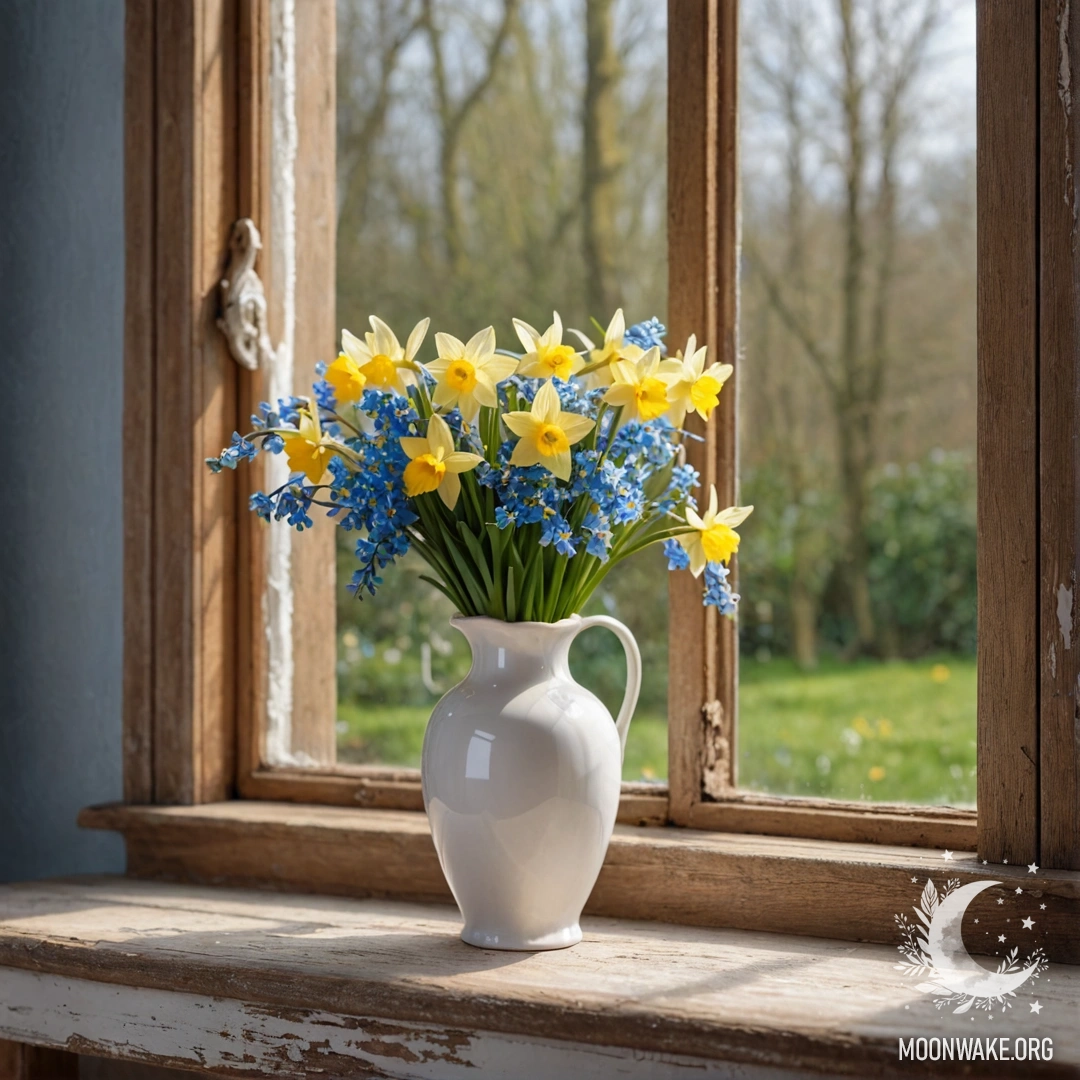 A weathered wooden window sill adorned with a white vase of daffodils and forget-me-nots, illuminated by soft garland lights.
