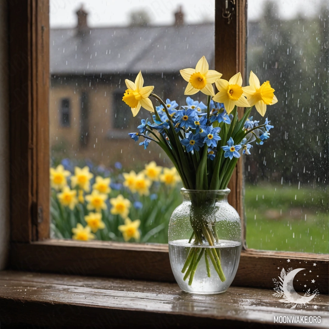 A weathered wooden window sill adorned with a white vase of daffodils and forget-me-nots, gently touched by raindrops.