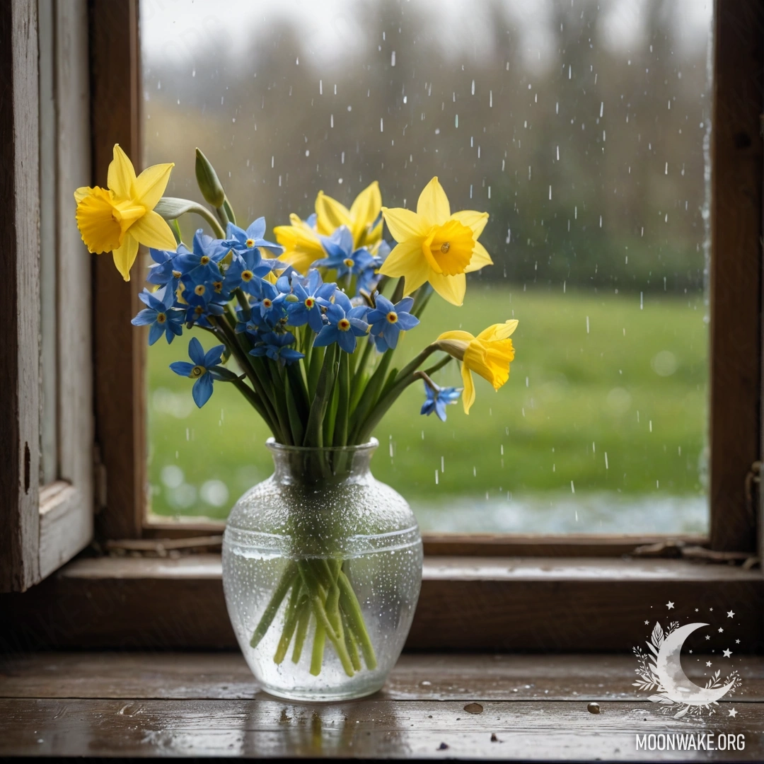A white porcelain vase filled with daffodils and forget-me-nots on a shabby wooden window sill in the rain.